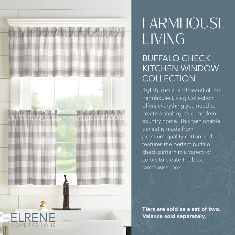 Elrene Home Fashions Farmhouse Living Buffalo-Check Tier Curtain Set for Bathroom or Kitchen Curtains, 30" x 24"(Set of 2 Tiers), Gray/White - Image 2